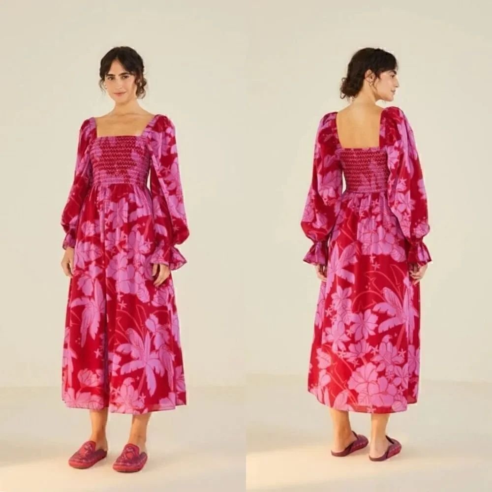 Farm Rio Living Nature Burgundy Long Smocked Maxi Dress